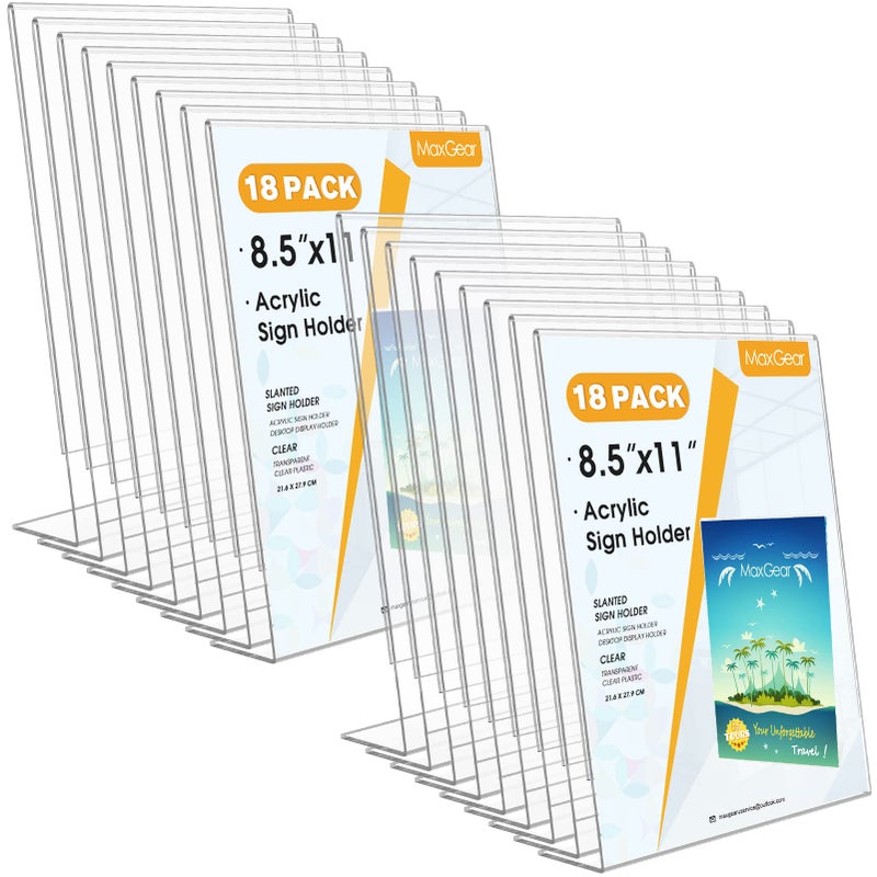 ماكسجير حامل لافتات أكريليك من ماكس جير، مقاس 8.5 × 11 بوصة، حامل لافتات مائل للخلف، حامل عرض لافتات شفاف، حوامل عرض بلاستيكية، حامل عرض لافتات طاولة للمكاتب والمنازل والمتاجر والمطاعم - عمودي، عبوة من 18 قطعة - Image 1